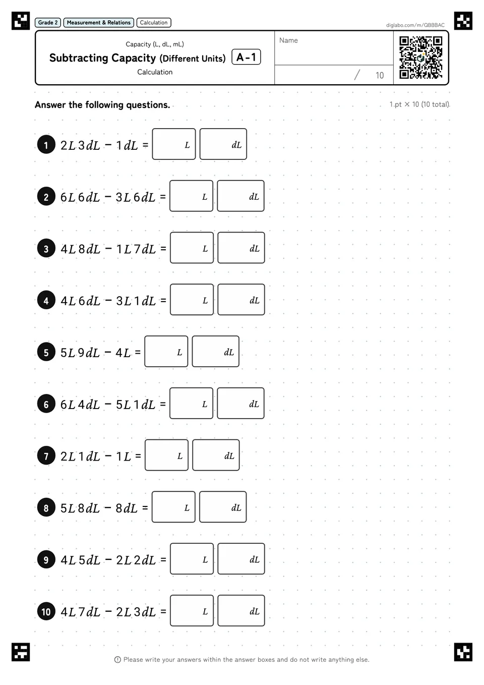 Grade 2 (Elementary School) Capacity (L, dL, mL) Subtracting Capacity (Different Units)