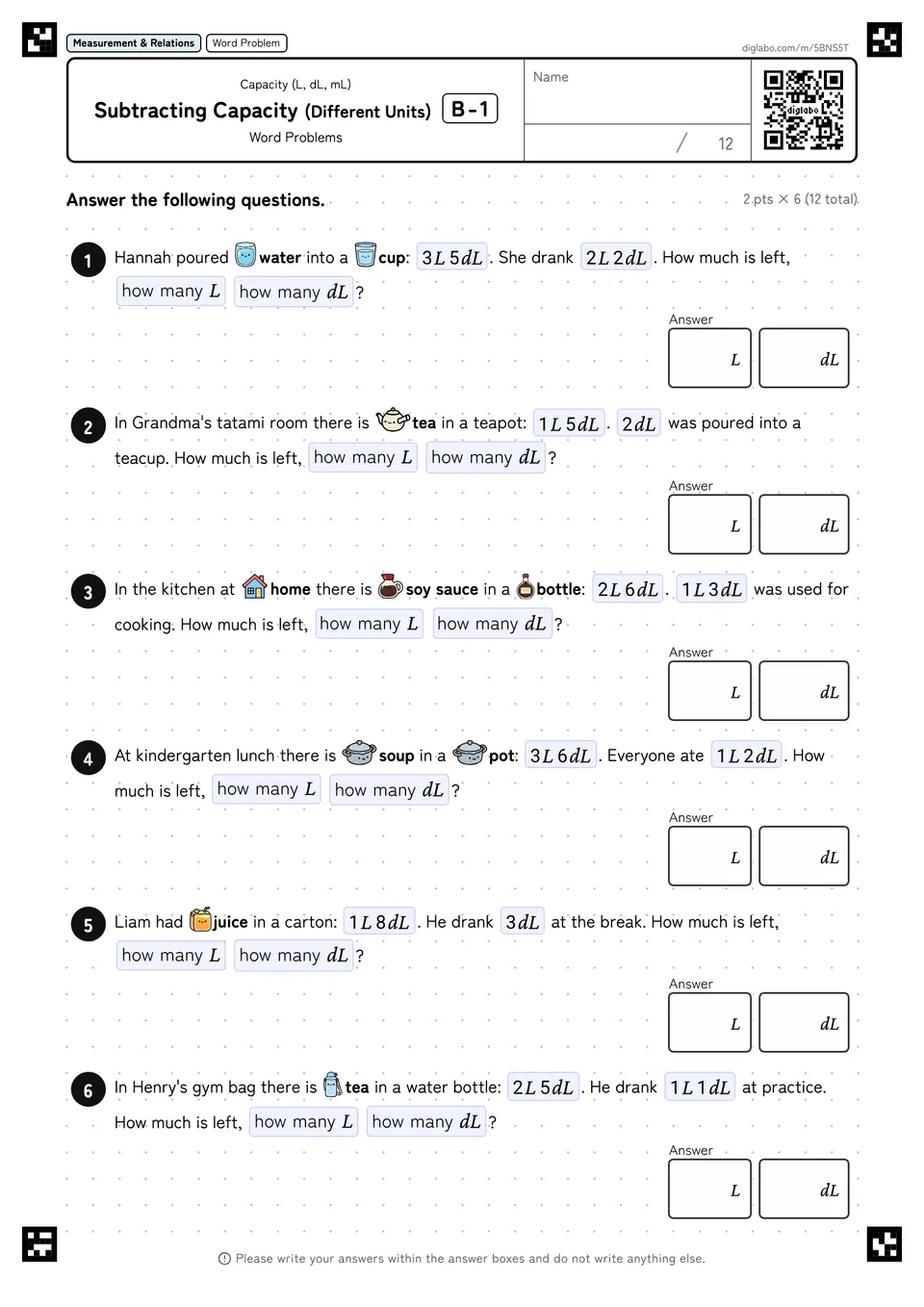 Subtracting Capacity (Different Units) B-1