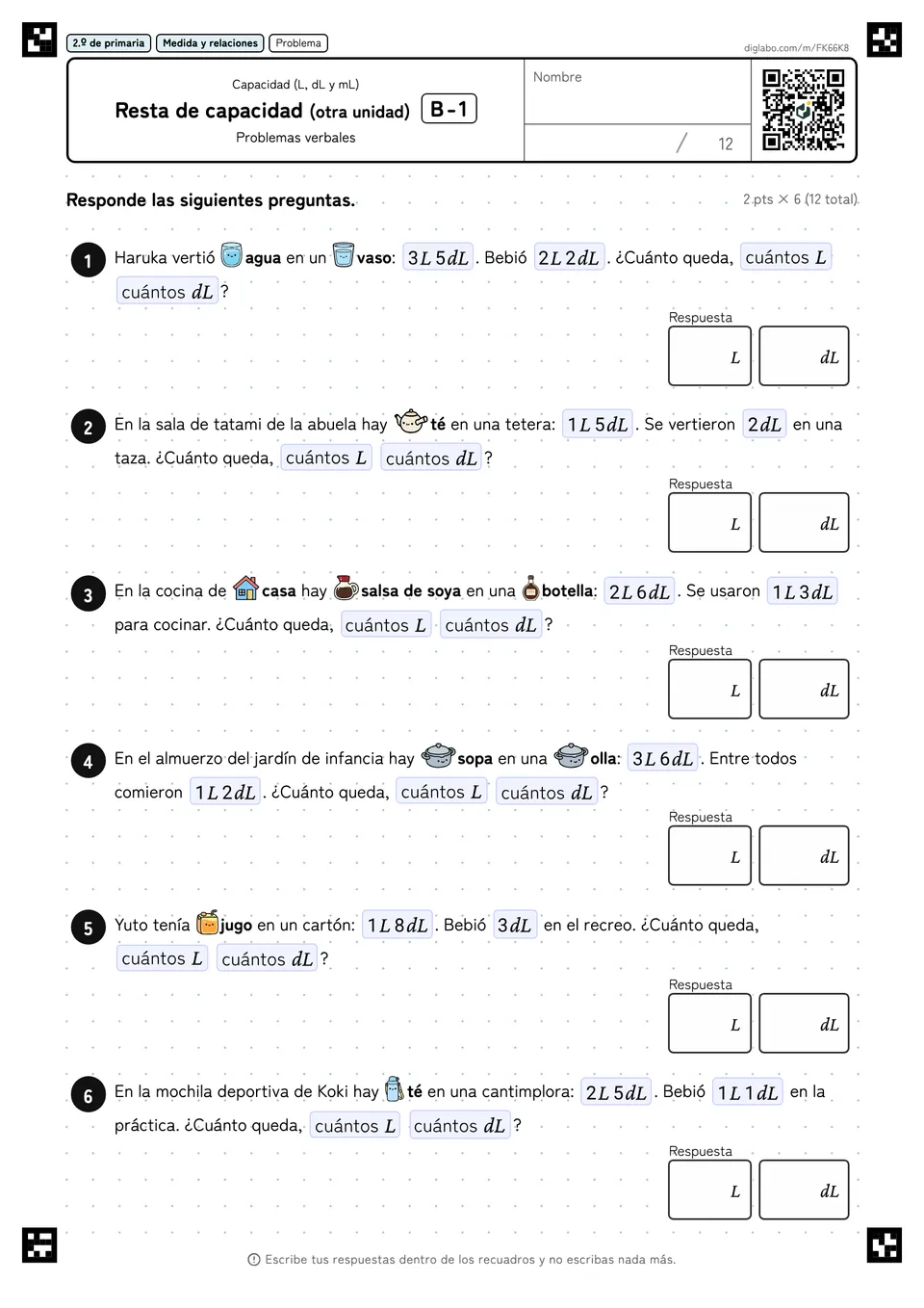 2.º de primaria Capacidad (L, dL y mL) Resta de capacidad (otra unidad)