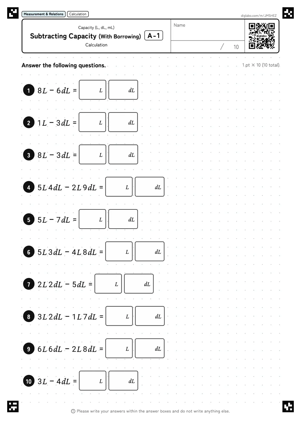 Subtracting Capacity (With Borrowing) A-1