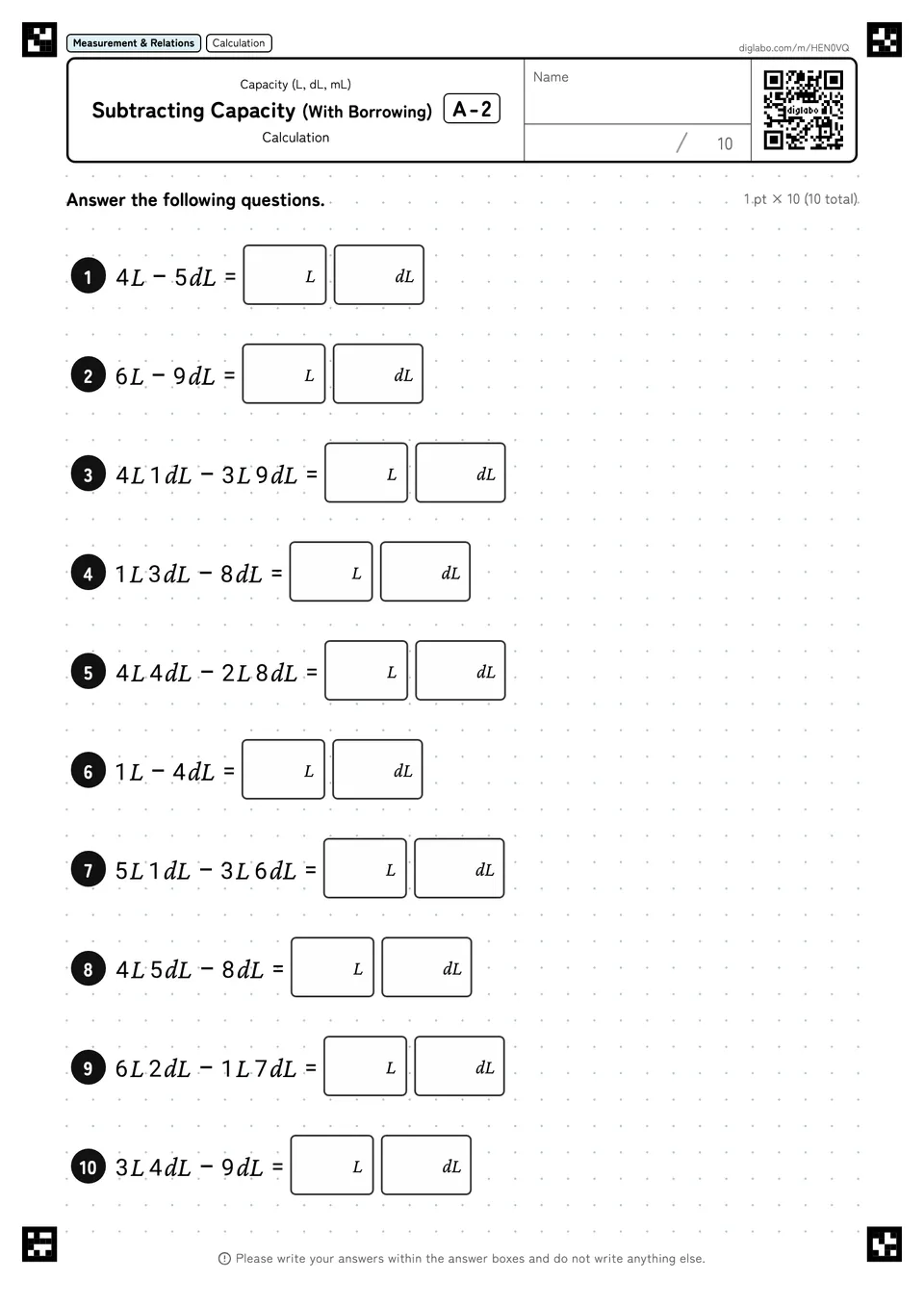 Subtracting Capacity (With Borrowing) A-2