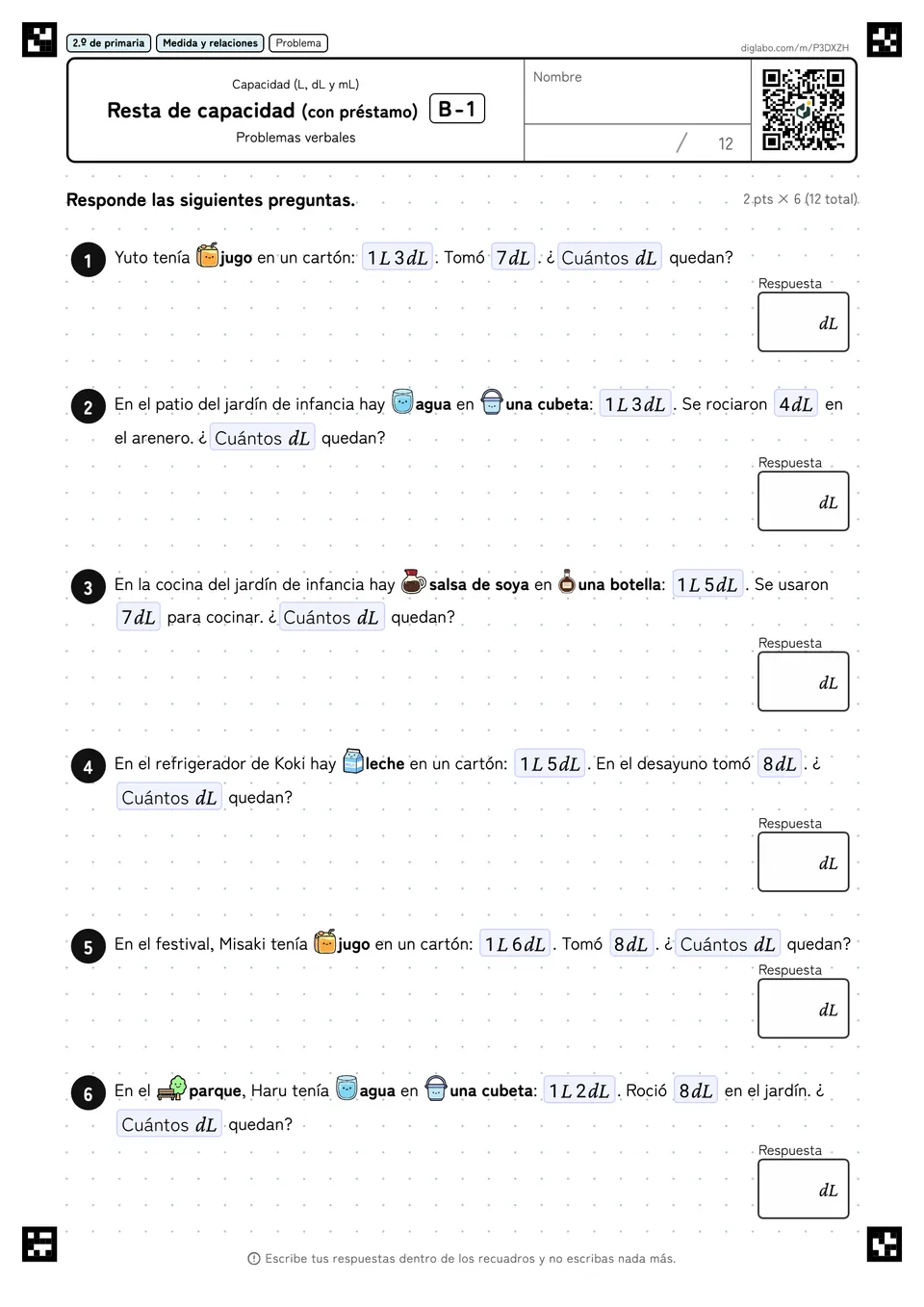 2.º de primaria Capacidad (L, dL y mL) Resta de capacidad (con préstamo)