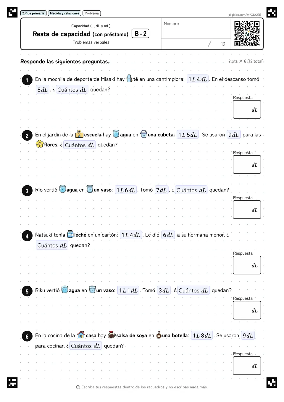 2.º de primaria Capacidad (L, dL y mL) Resta de capacidad (con préstamo)