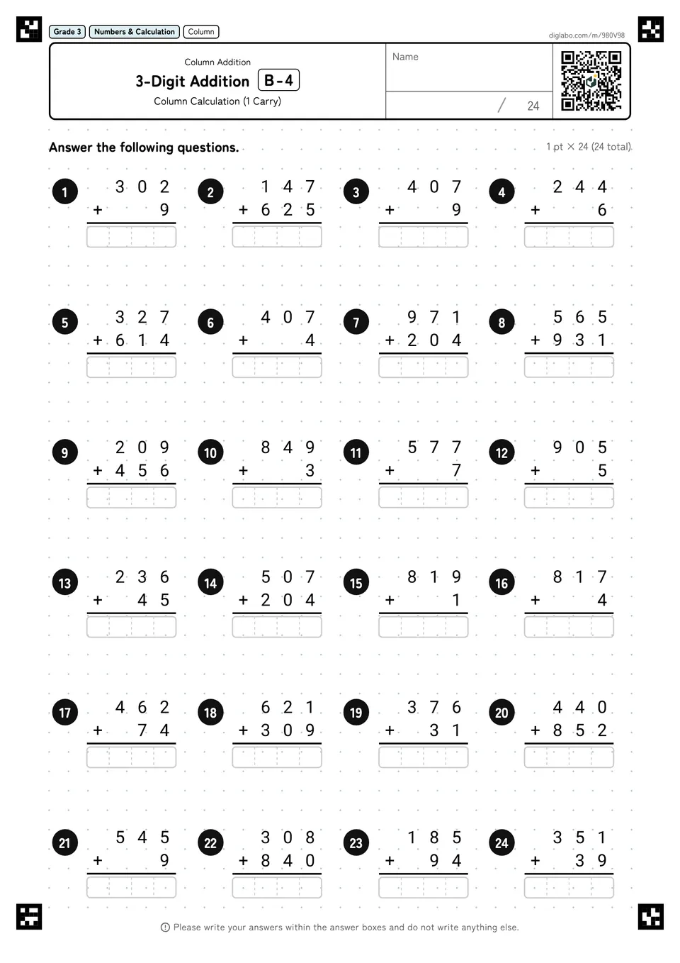 Grade 3 (Elementary School) Column Addition 3-Digit Addition