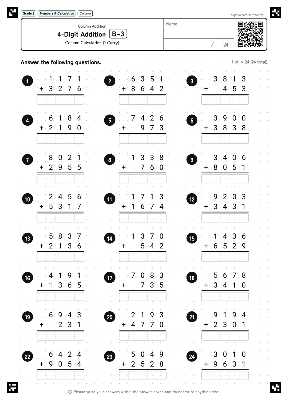 Grade 3 (Elementary School) Column Addition 4-Digit Addition