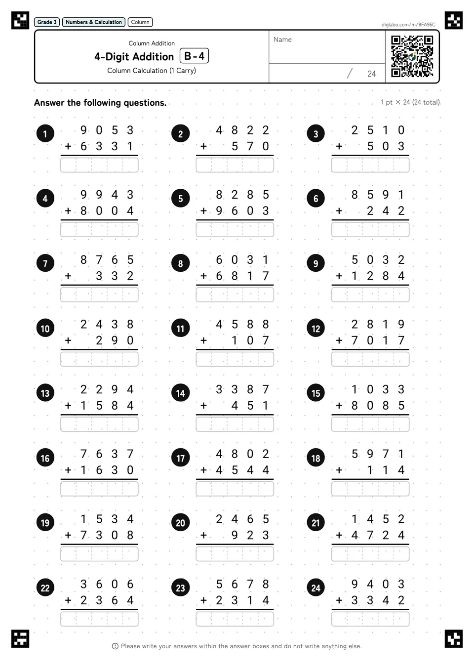 Grade 3 (Elementary School) Column Addition 4-Digit Addition