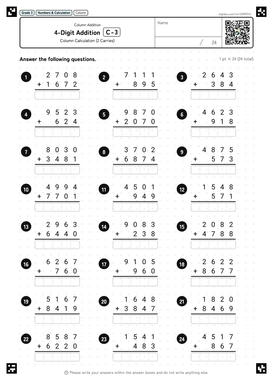Grade 3 (Elementary School) Column Addition 4-Digit Addition