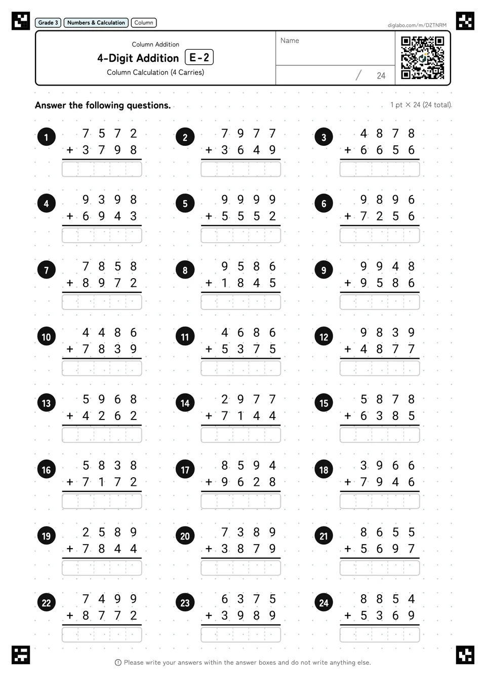 Grade 3 (Elementary School) Column Addition 4-Digit Addition