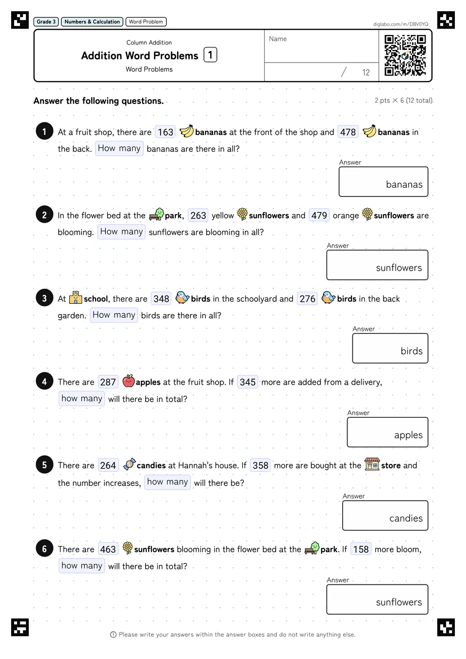 Grade 3 (Elementary School) Column Addition Addition Word Problems