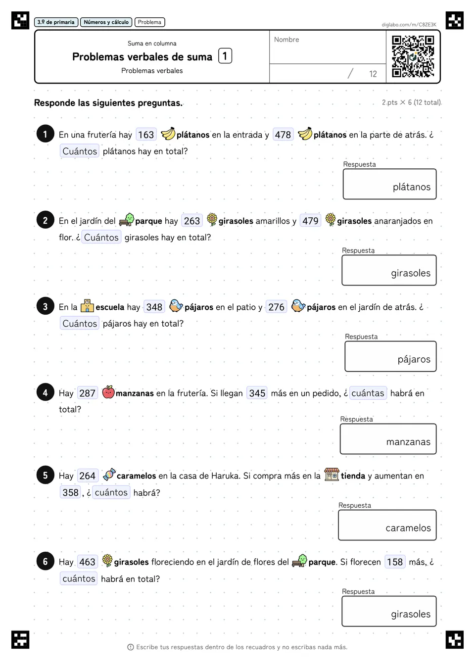 3.º de primaria Suma en columna Problemas verbales de suma