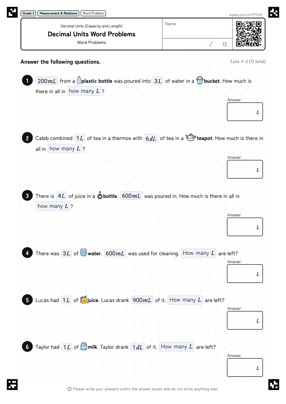 Grade 3 (Elementary School) Decimal Units (Capacity and Length) Decimal Units Word Problems