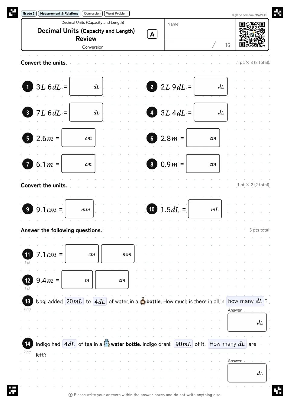 Grade 3 (Elementary School) Decimal Units (Capacity and Length) Decimal Units (Capacity and Length) Review