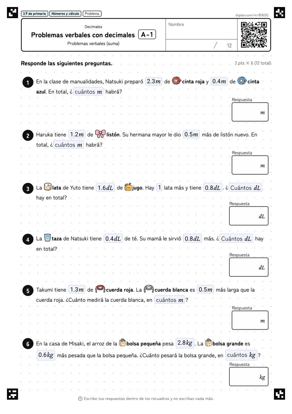3.º de primaria Decimales Problemas verbales con decimales