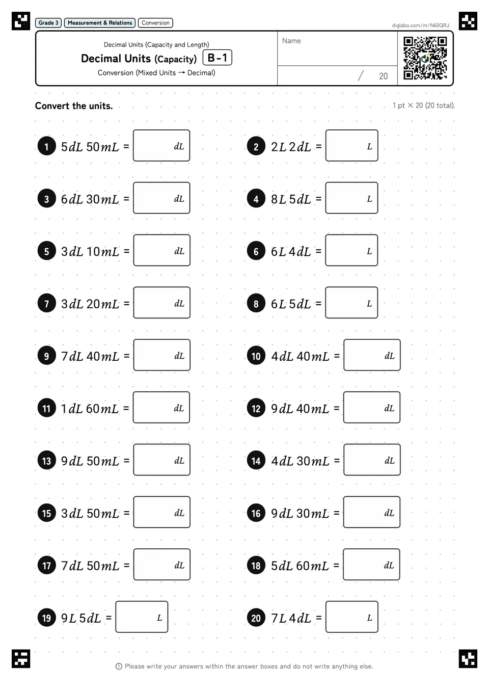 Grade 3 (Elementary School) Decimal Units (Capacity and Length) Decimal Units (Capacity)