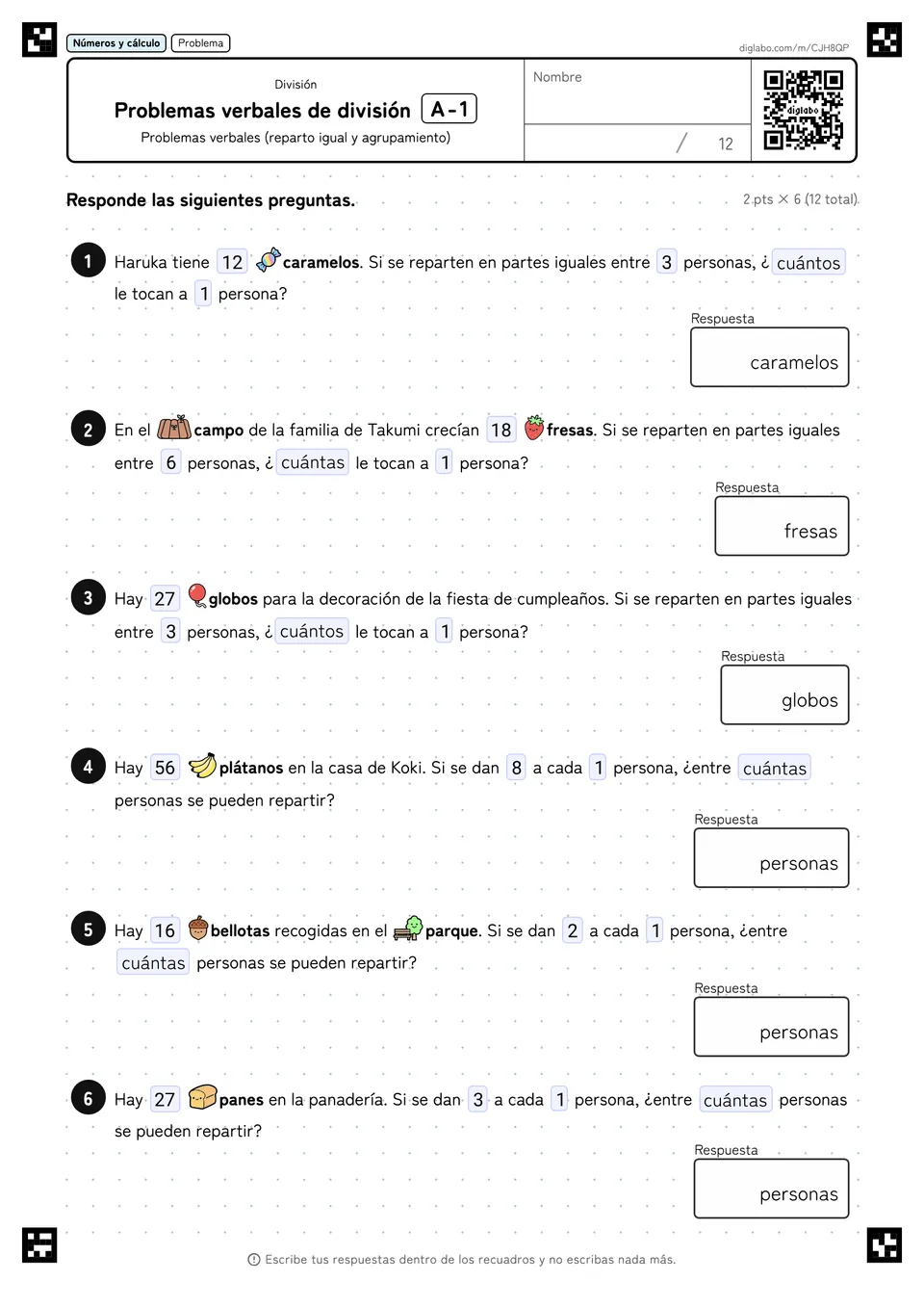 Problemas verbales de división A-1
