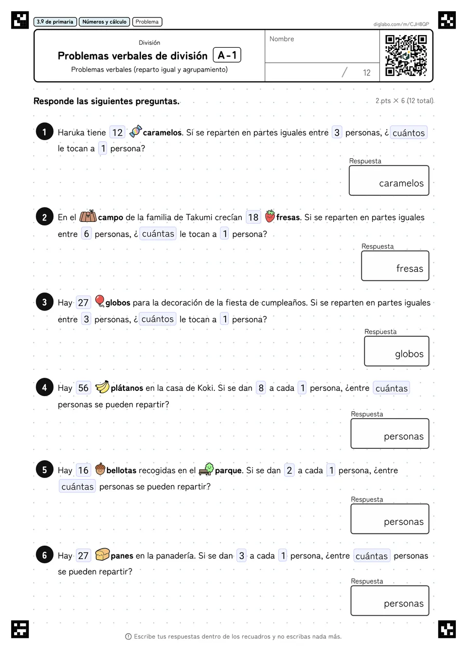 3.º de primaria División Problemas verbales de división