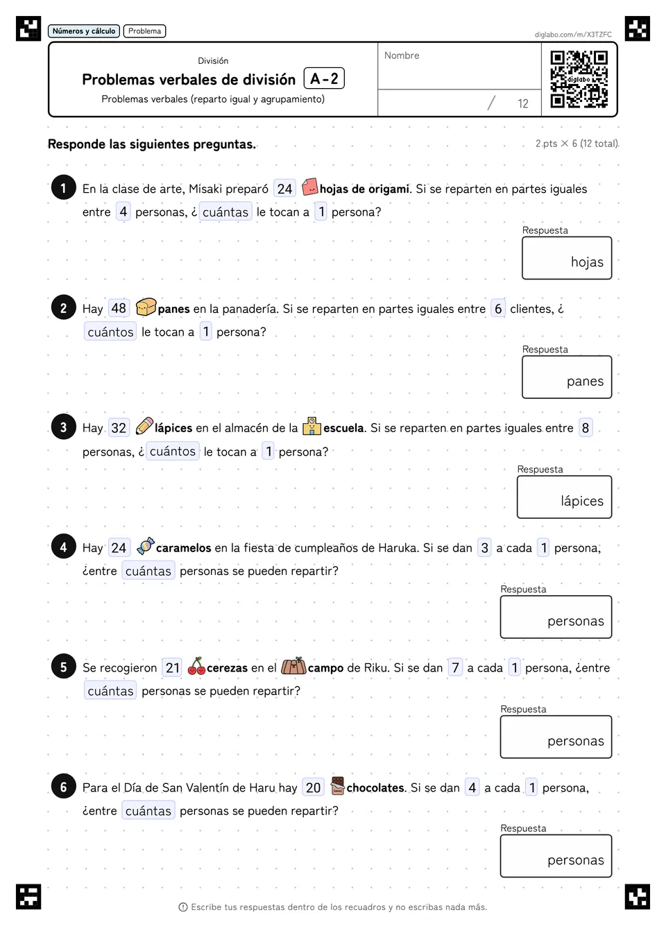Problemas verbales de división A-2