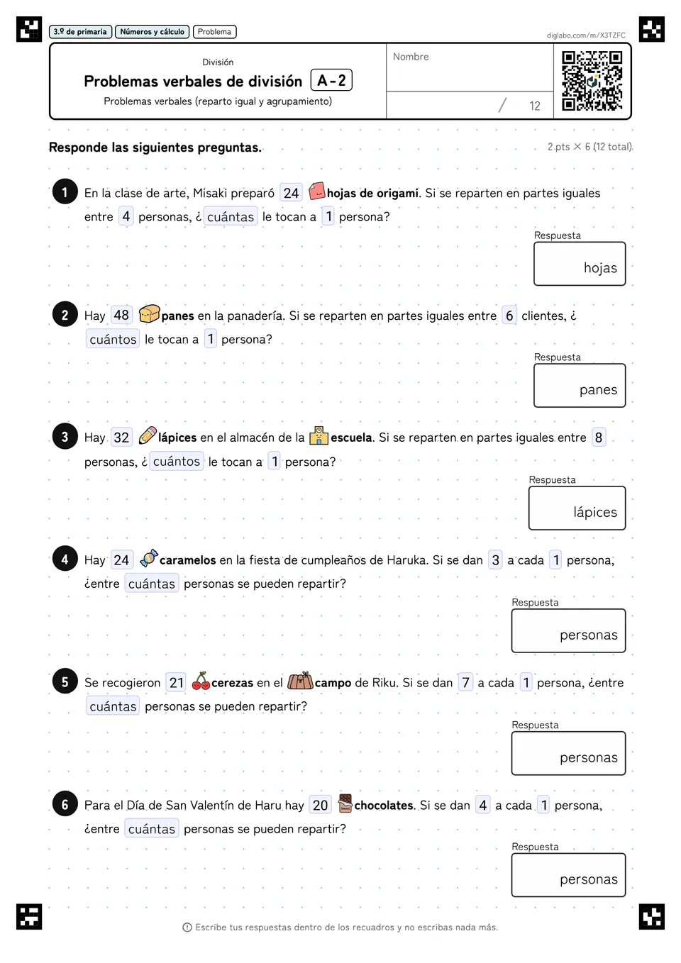 3.º de primaria División Problemas verbales de división