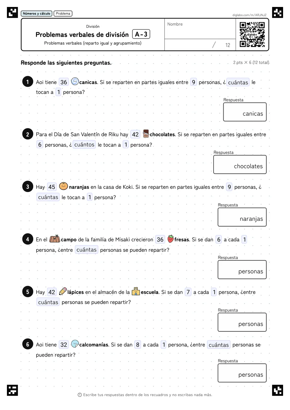 Problemas verbales de división A-3