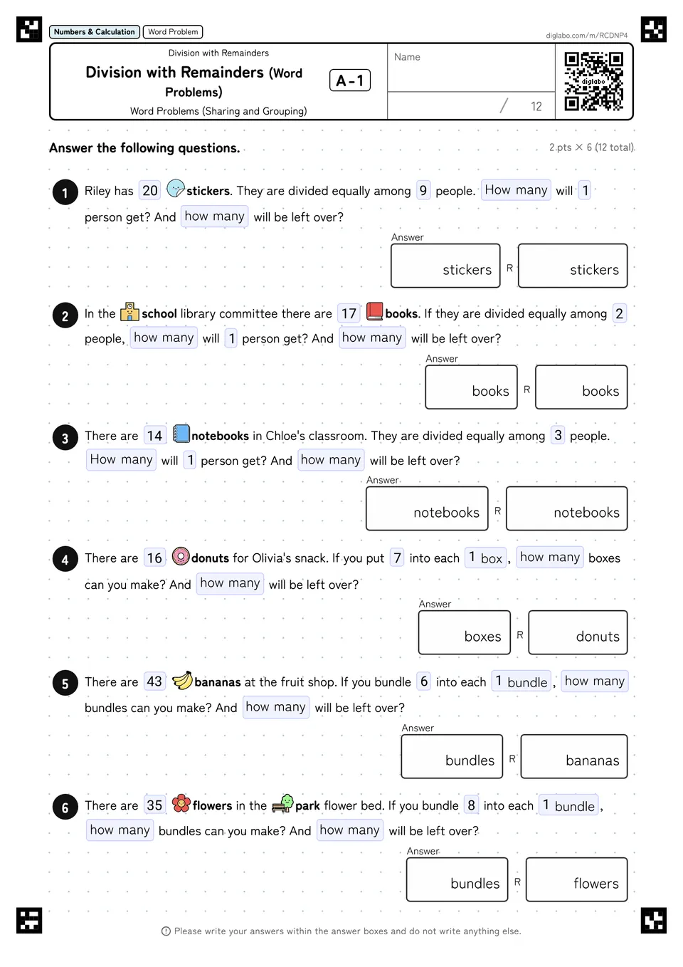Division with Remainders (Word Problems) A-1