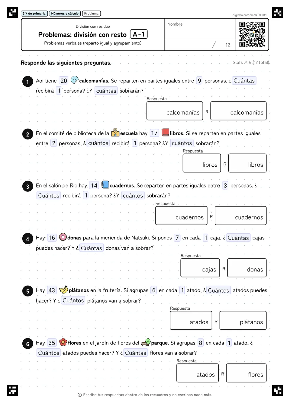 3.º de primaria División con residuo Problemas: división con resto