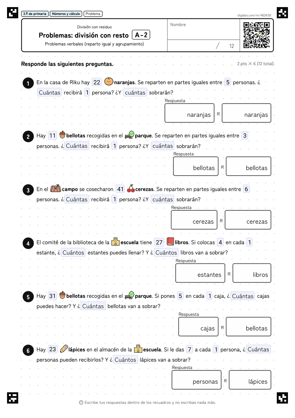 3.º de primaria División con residuo Problemas: división con resto