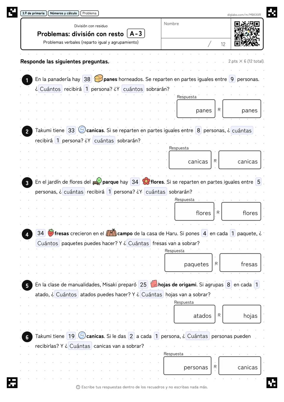 3.º de primaria División con residuo Problemas: división con resto