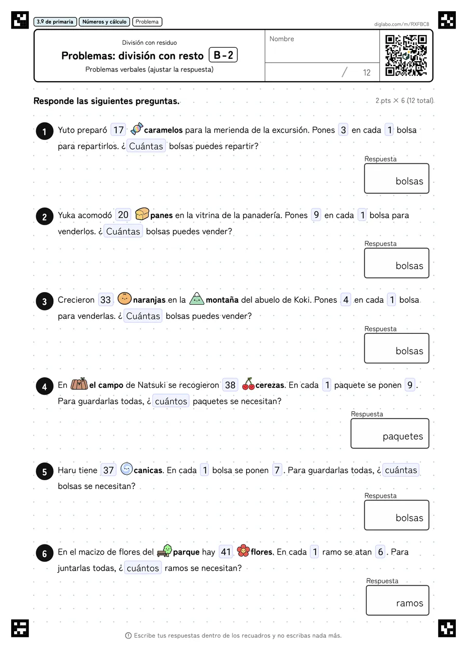 3.º de primaria División con residuo Problemas: división con resto