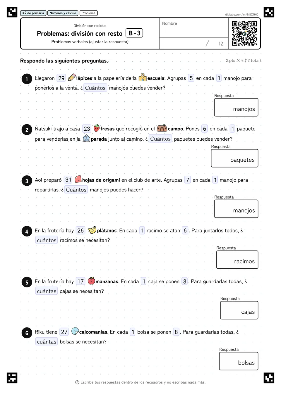 3.º de primaria División con residuo Problemas: división con resto