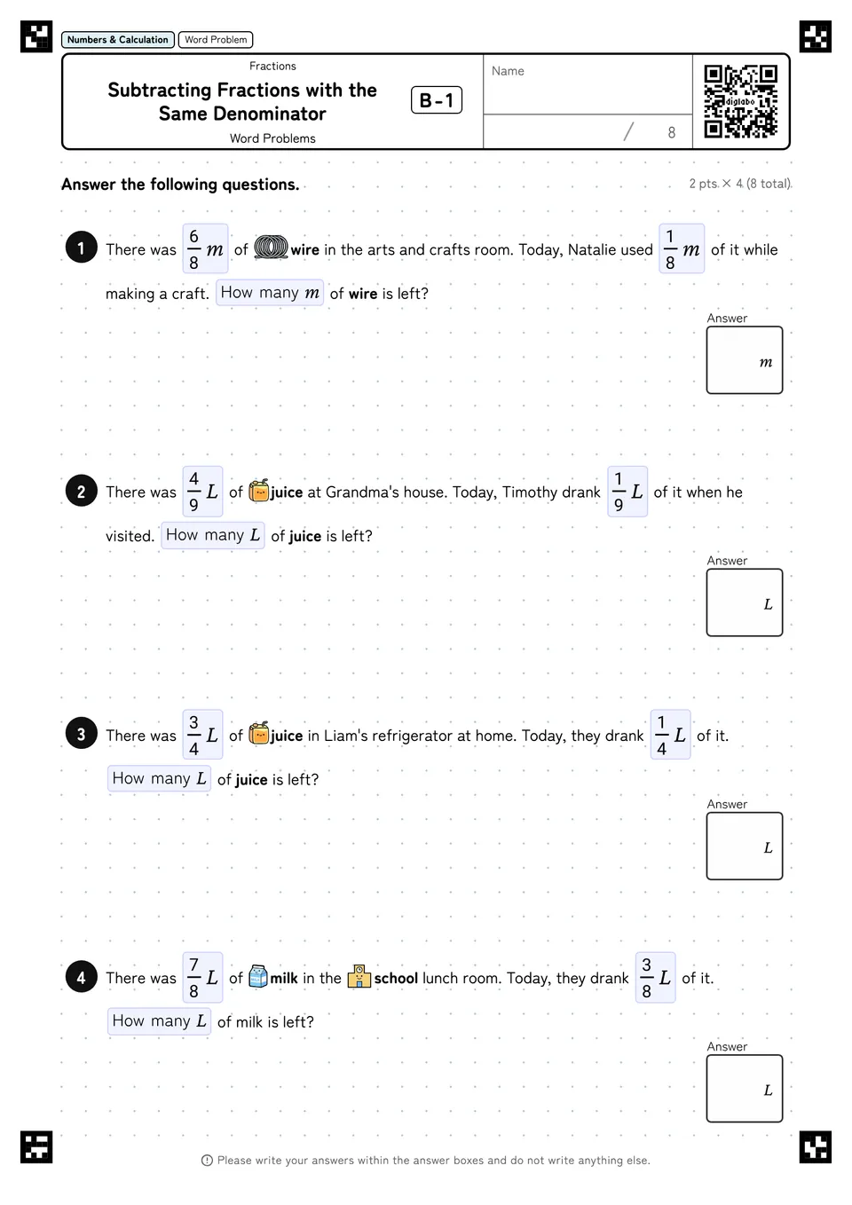 Subtracting Fractions with the Same Denominator B-1