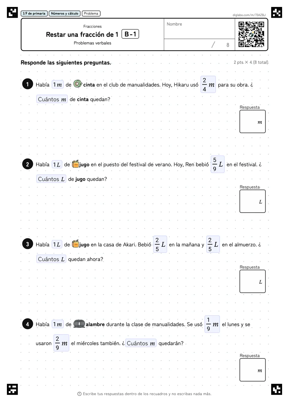 3.º de primaria Fracciones Restar una fracción de 1