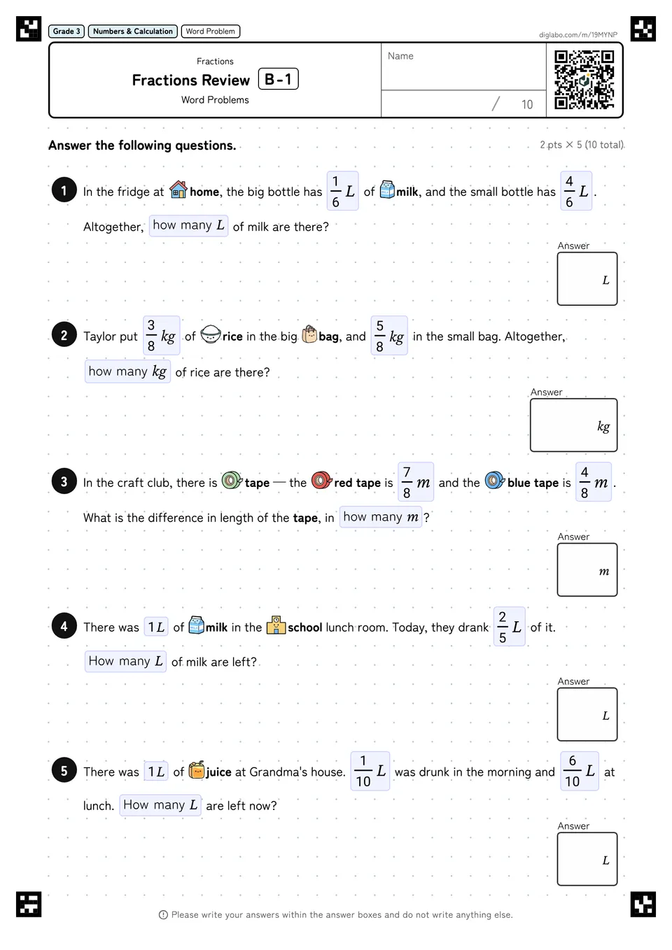 Grade 3 (Elementary School) Fractions Fractions Review