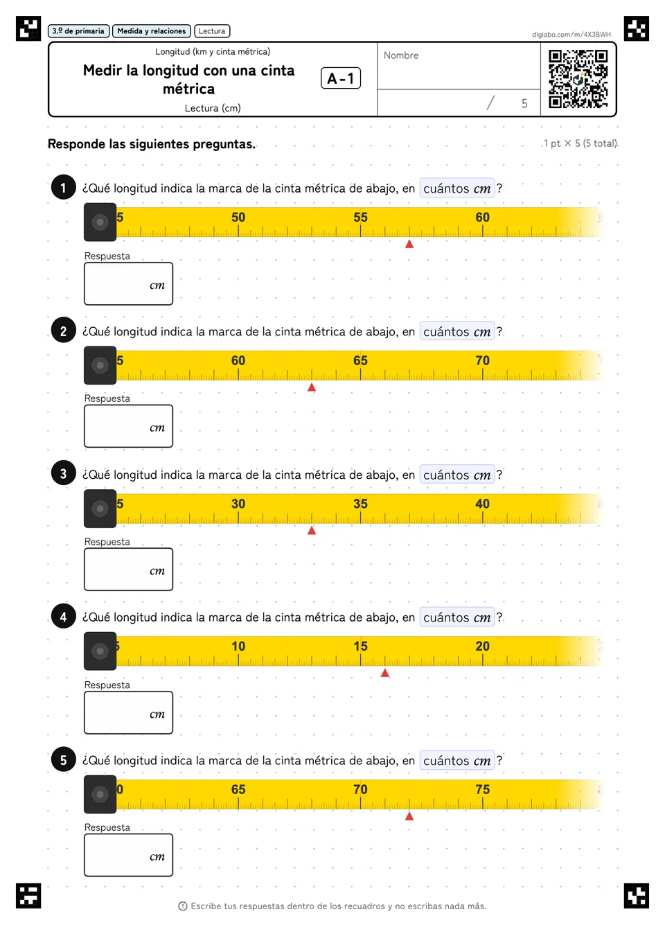 3.º de primaria Longitud (km y cinta métrica) Medir la longitud con una cinta métrica