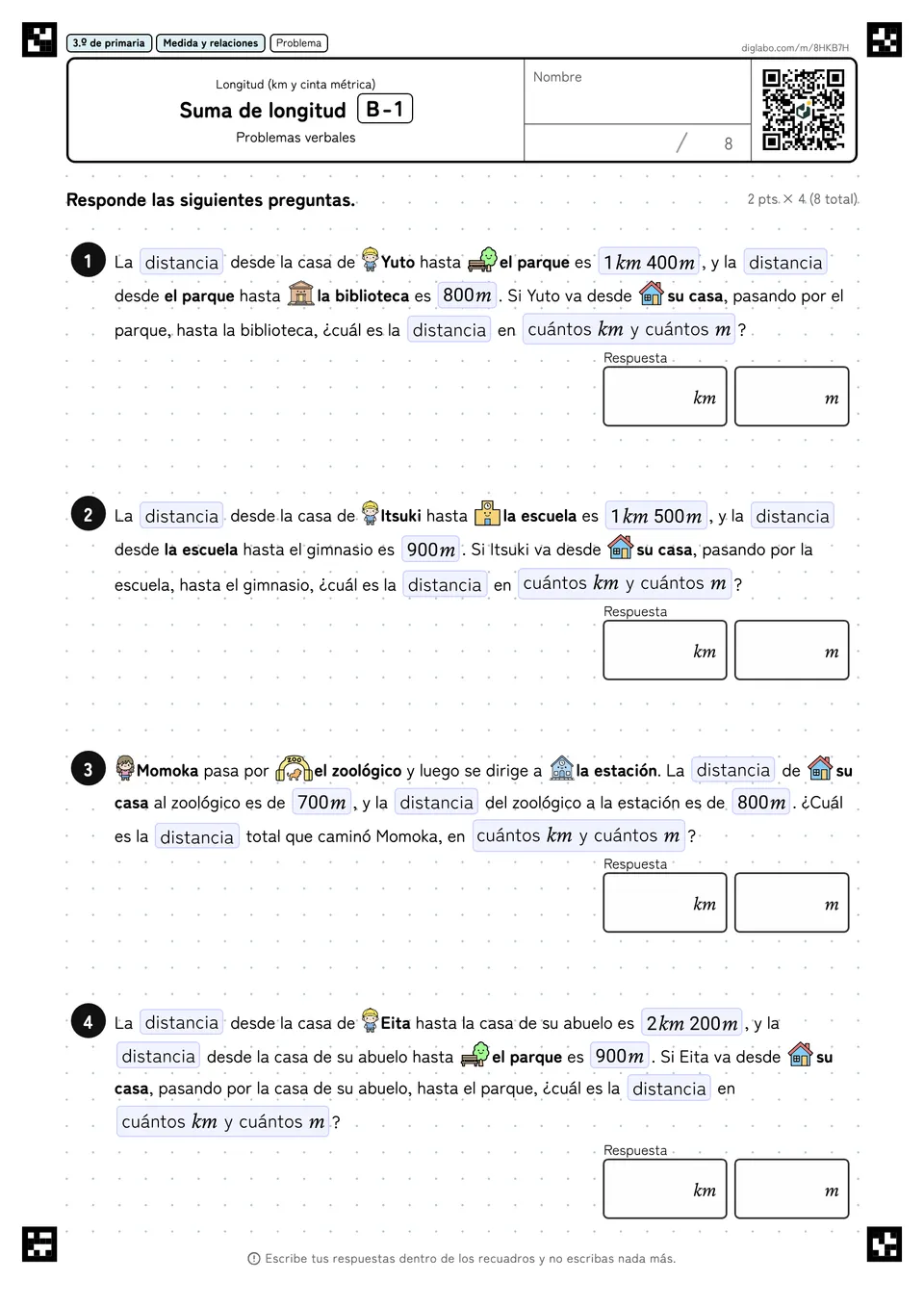 3.º de primaria Longitud (km y cinta métrica) Suma de longitud