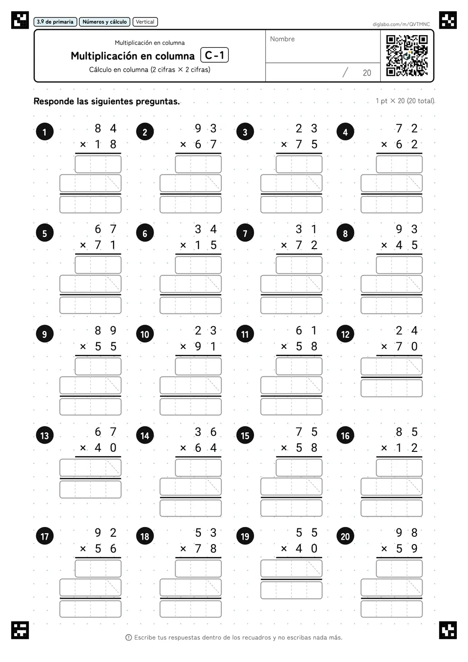 3.º de primaria Multiplicación (2 y 3 cifras) Multiplicación en columna