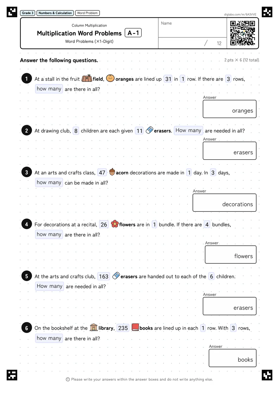 Grade 3 (Elementary School) Multiplication (2-Digit, 3-Digit) Multiplication Word Problems