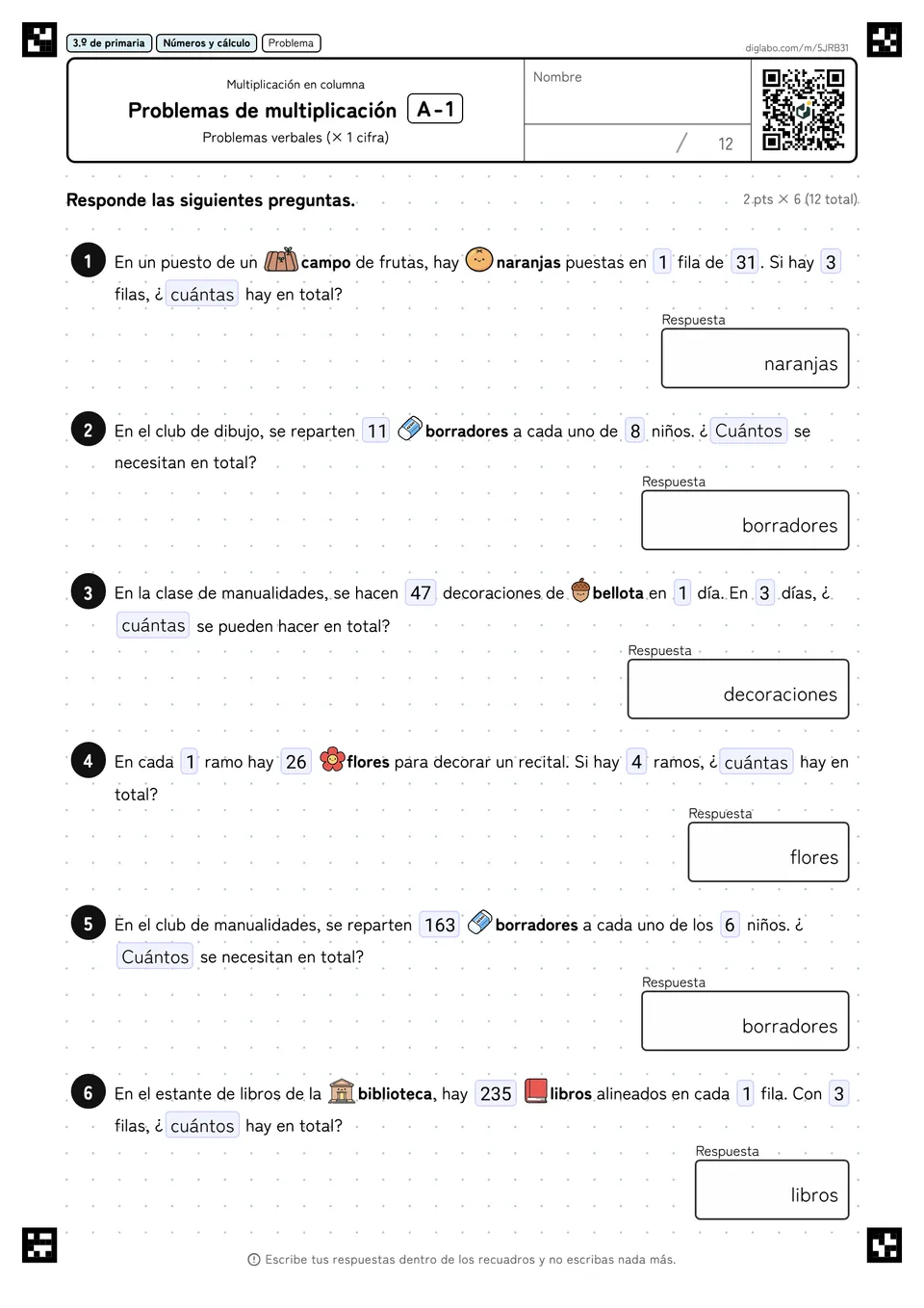 3.º de primaria Multiplicación (2 y 3 cifras) Problemas de multiplicación
