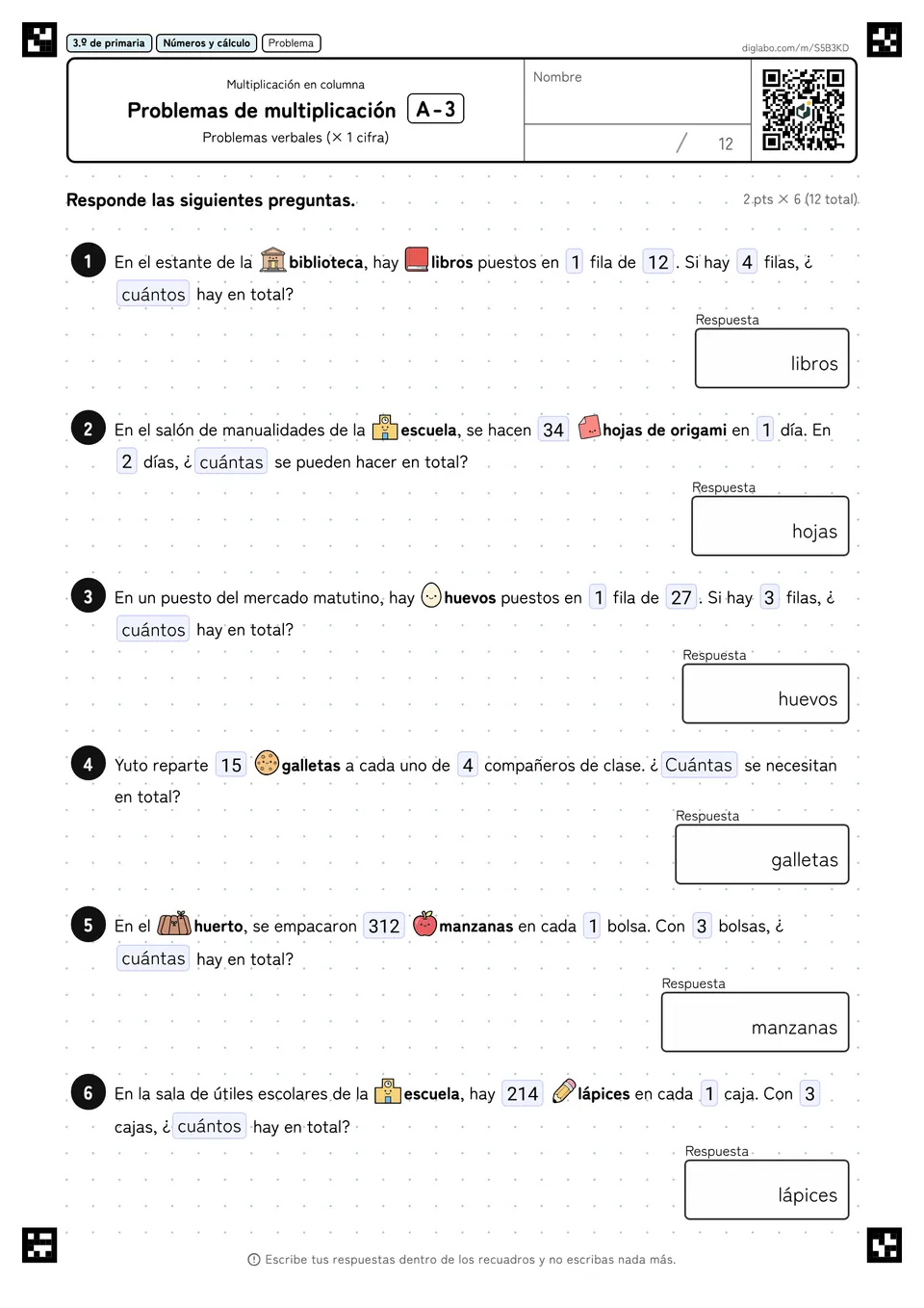 3.º de primaria Multiplicación (2 y 3 cifras) Problemas de multiplicación