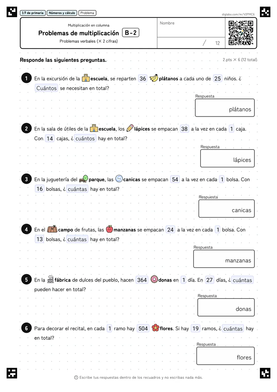 3.º de primaria Multiplicación (2 y 3 cifras) Problemas de multiplicación
