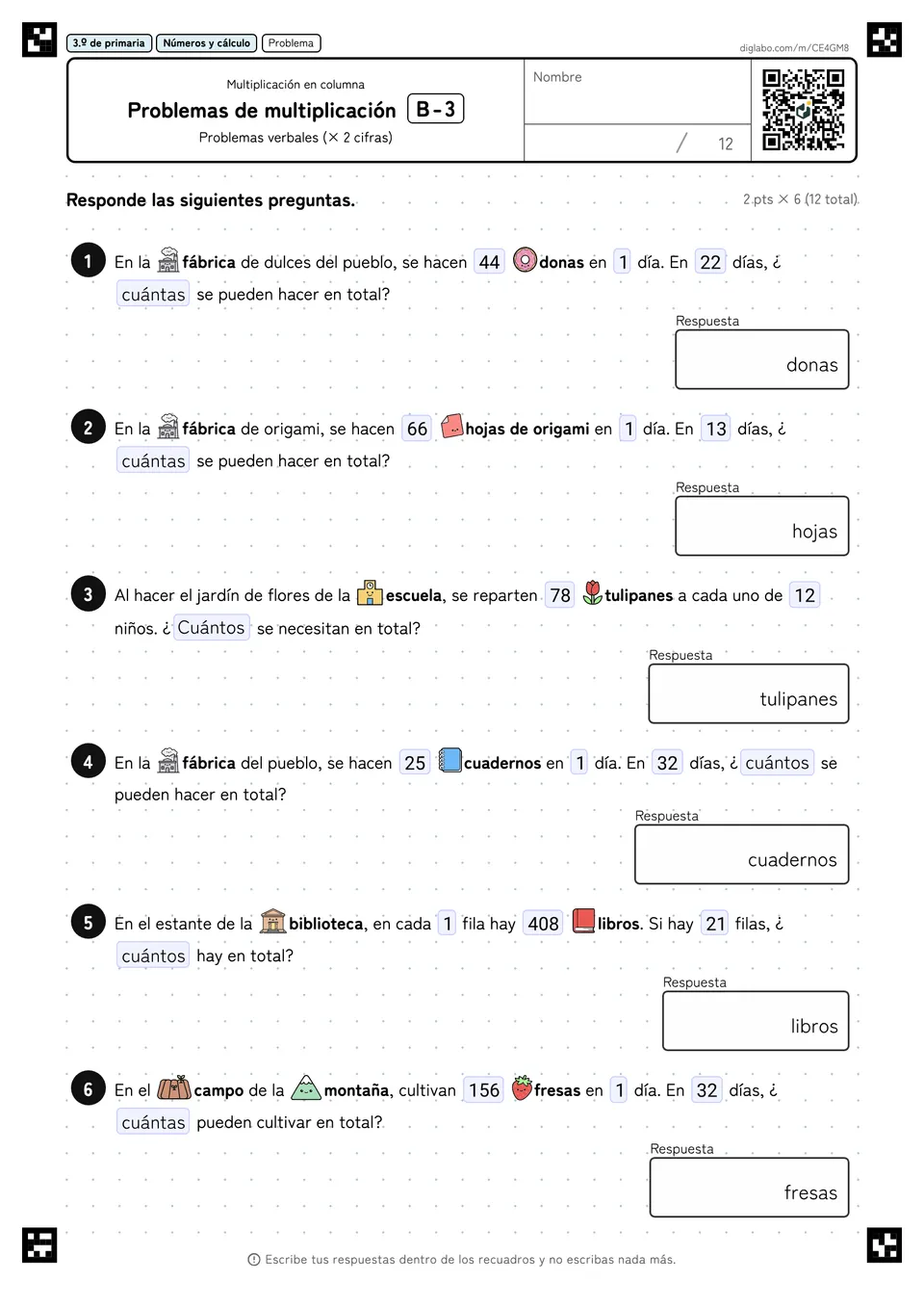 3.º de primaria Multiplicación (2 y 3 cifras) Problemas de multiplicación