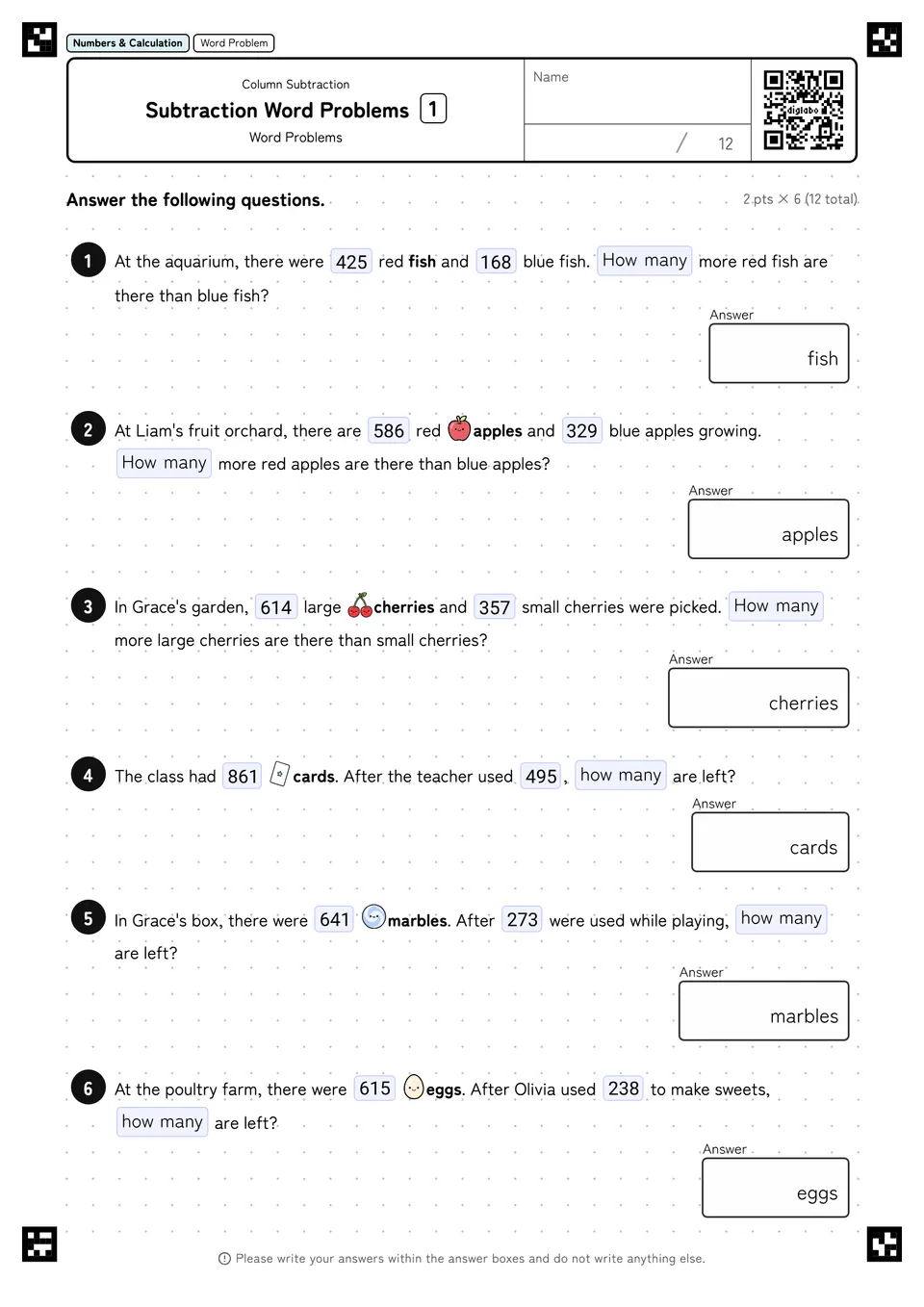 Subtraction Word Problems 1