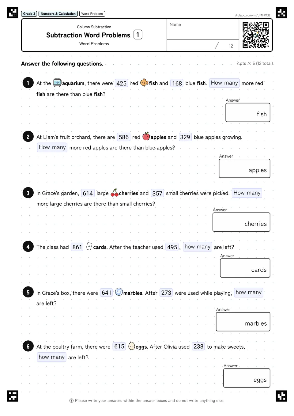 Grade 3 (Elementary School) Column Subtraction Subtraction Word Problems
