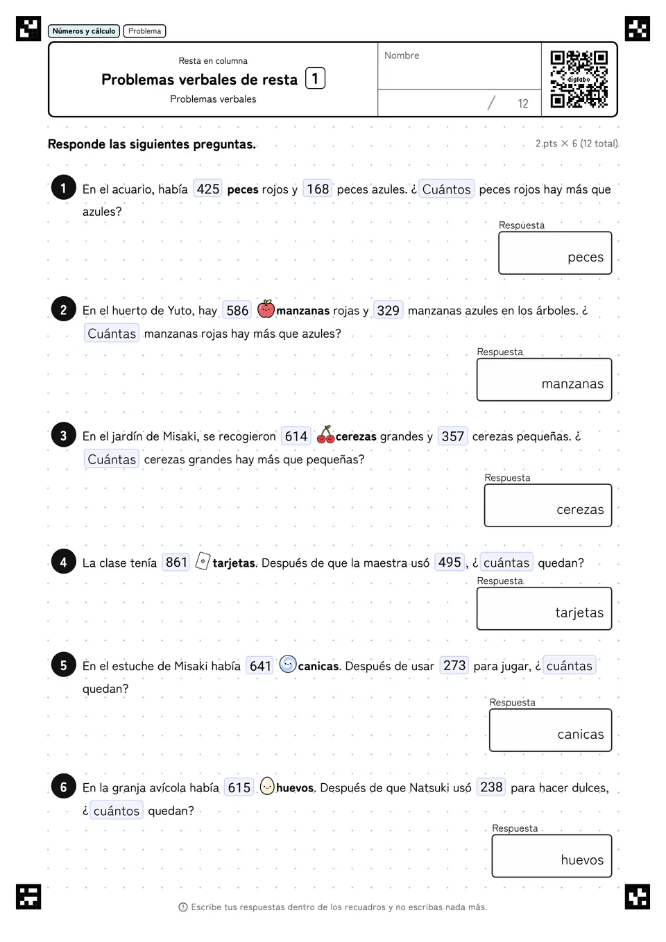 Problemas verbales de resta 1
