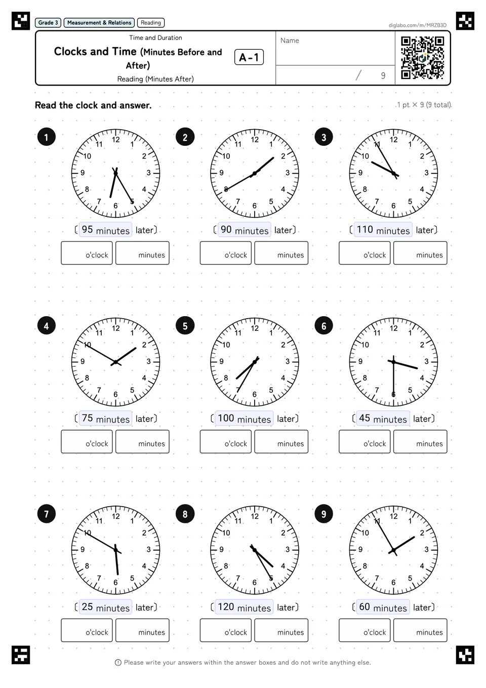 Grade 3 (Elementary School) Time and Duration Clocks and Time (Minutes Before and After)