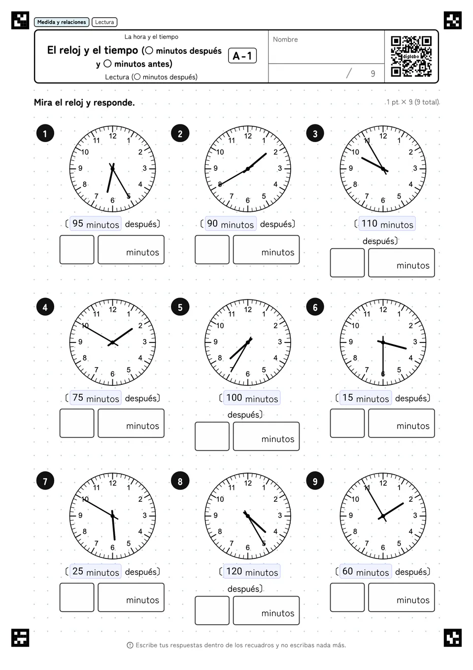 El reloj y el tiempo (○ minutos después y ○ minutos antes) A-1