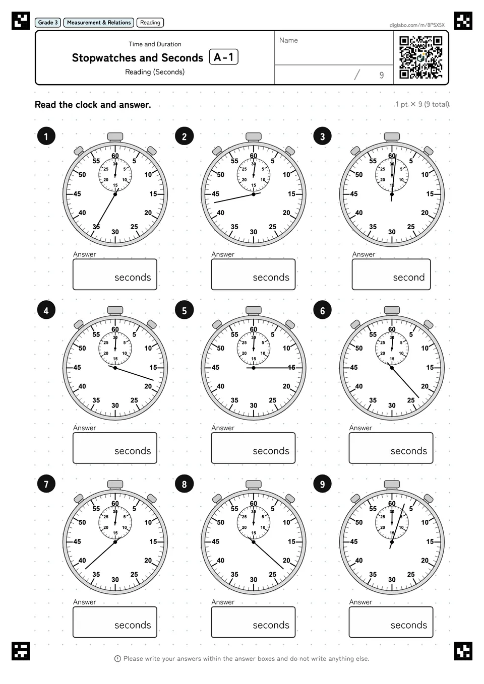 Grade 3 (Elementary School) Time and Duration Stopwatches and Seconds