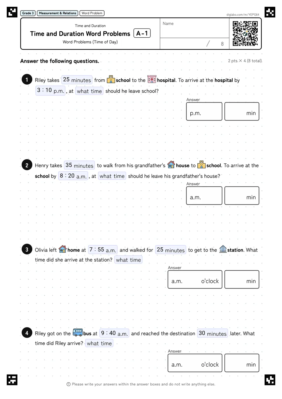 Grade 3 (Elementary School) Time and Duration Time and Duration Word Problems