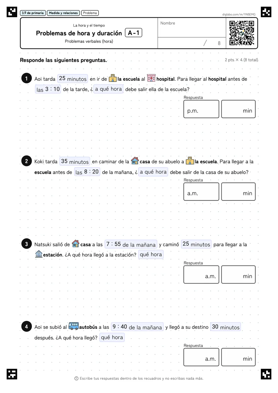 3.º de primaria La hora y el tiempo Problemas de hora y duración