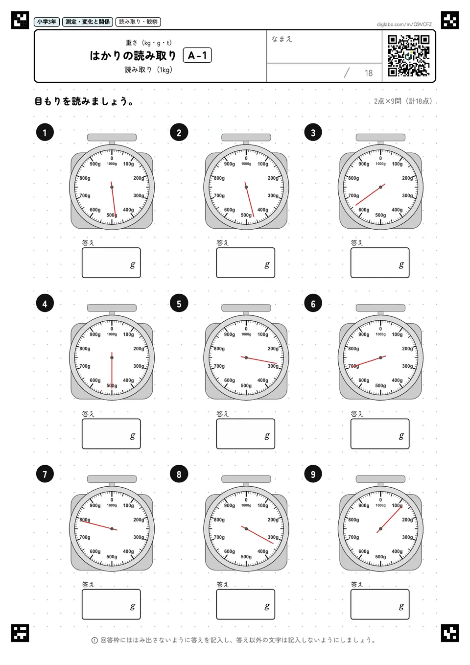 小学3年 重さ(kg・g・t) はかりの読み取り