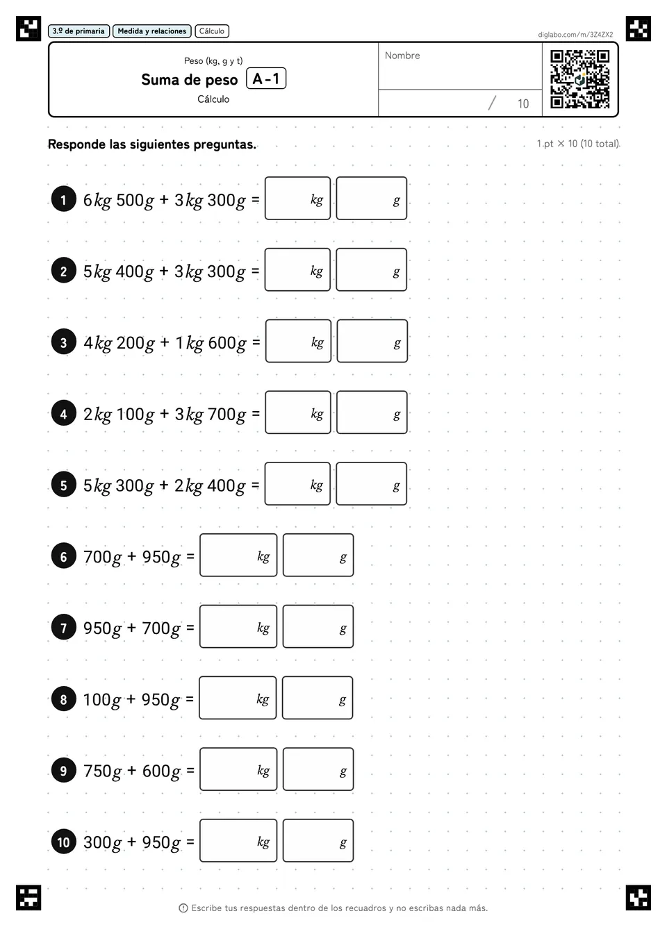 3.º de primaria Peso (kg, g y t) Suma de peso